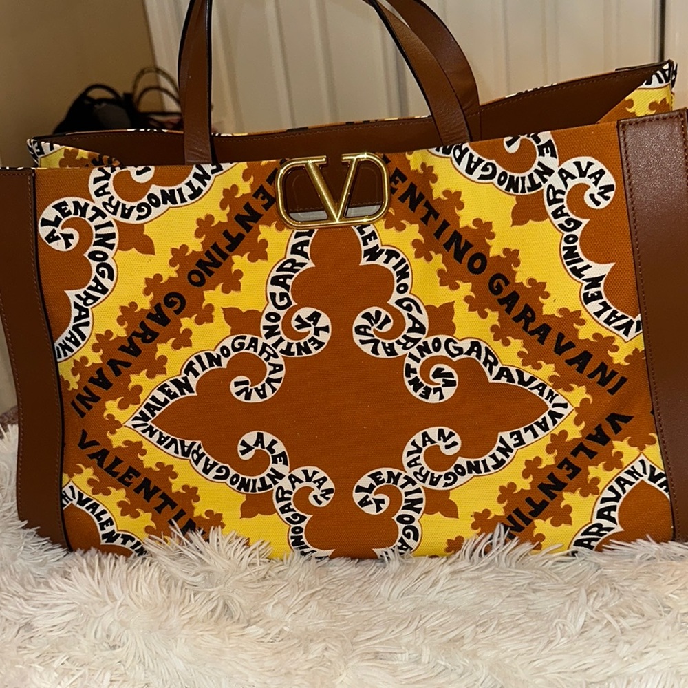 Valentino Brown and Yellow Geometric Tote